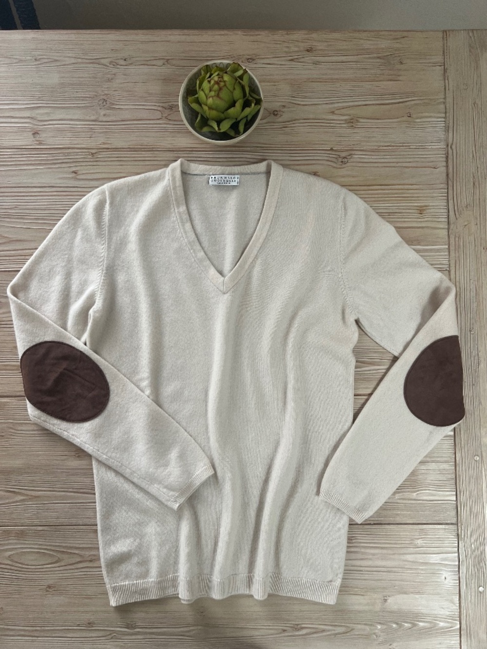 Brunello Cucinelli Cashmere V-Neck Sweater Suede Elbow Patches L